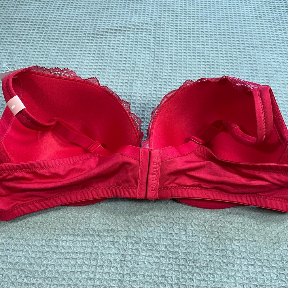 New Cacique Boost Plunge Bra 46C Red Lace Overlay Underwire Modern - Picture 3 of 8